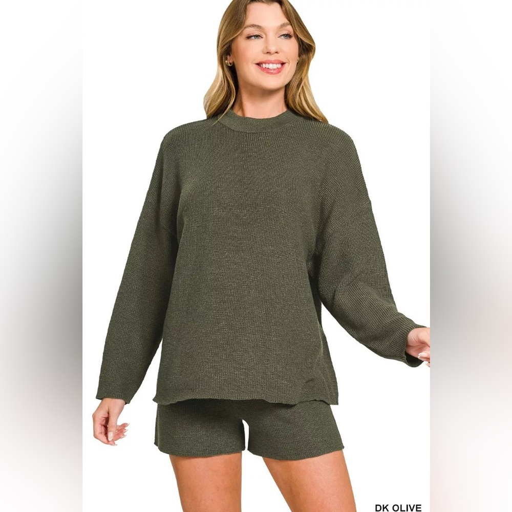 Zenana Olive Green Knit Sweater and Shorts